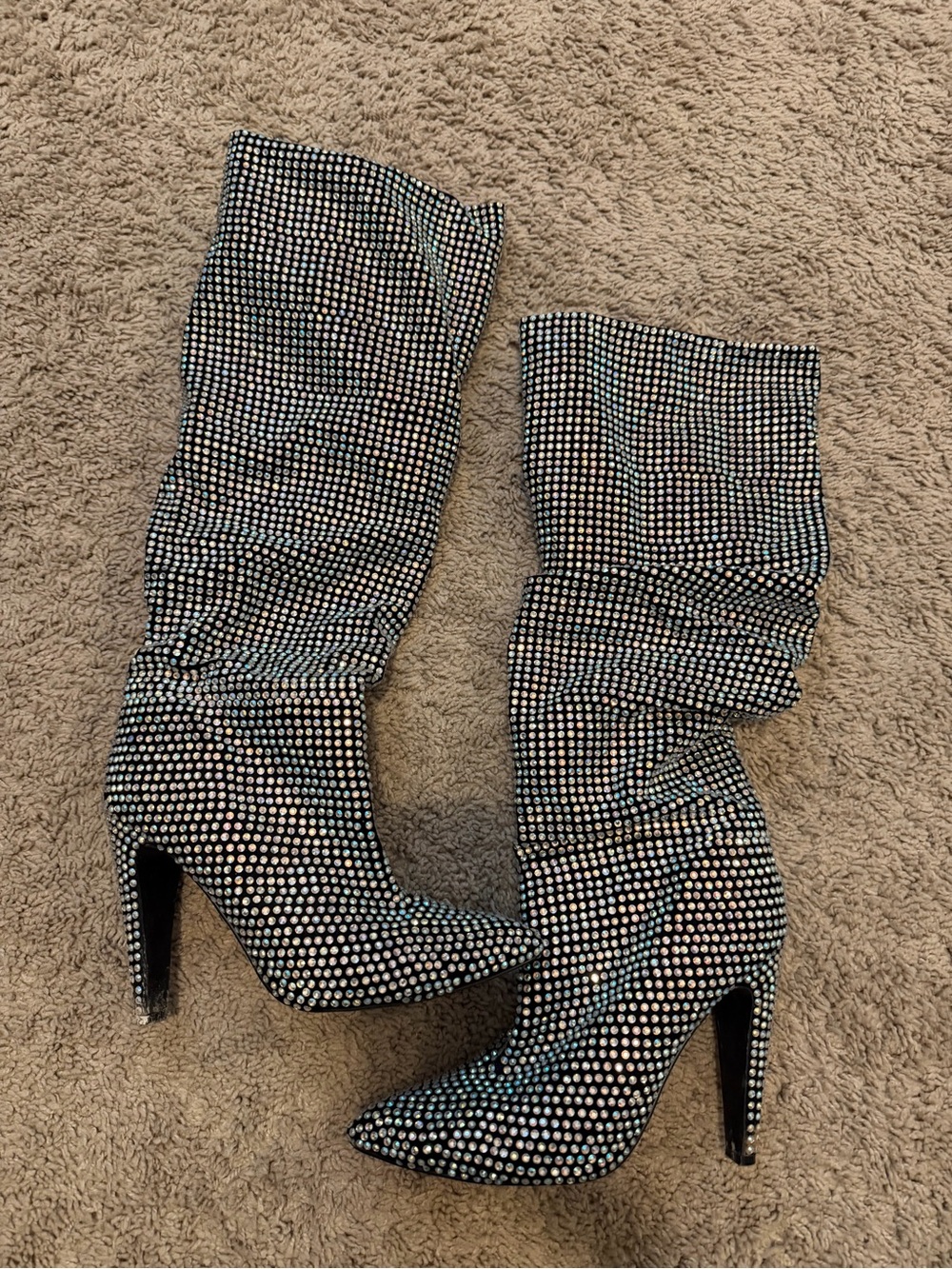 Black Crystal-Embellished Knee-High Stiletto Boots